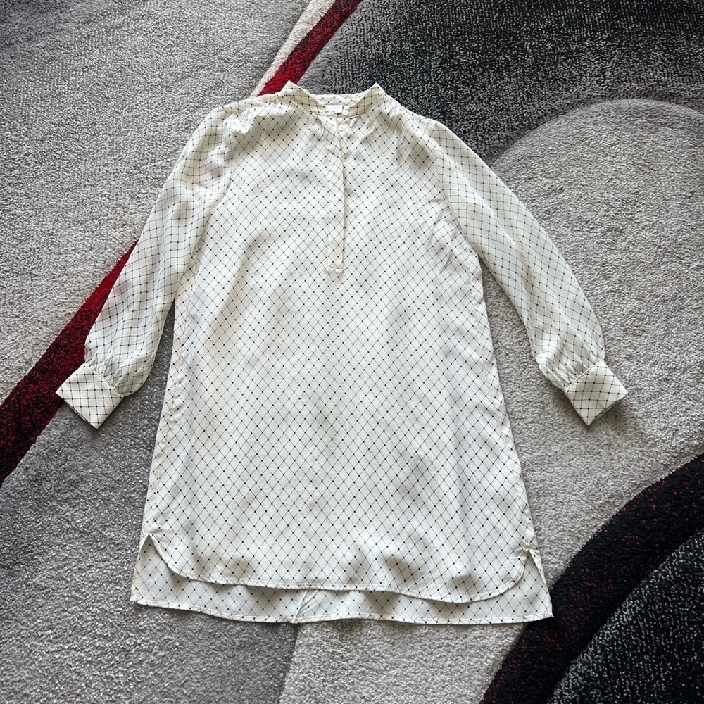 Club Monaco Grid Print Long Sleeve Silk Shift Mini Dress